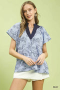Umgee Stripe Embroidered Mixed Collar V-Neck Top