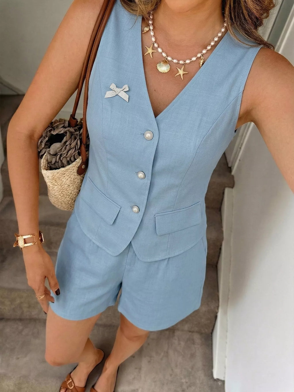 Button Up Vest & Shorts Two-Piece Set
