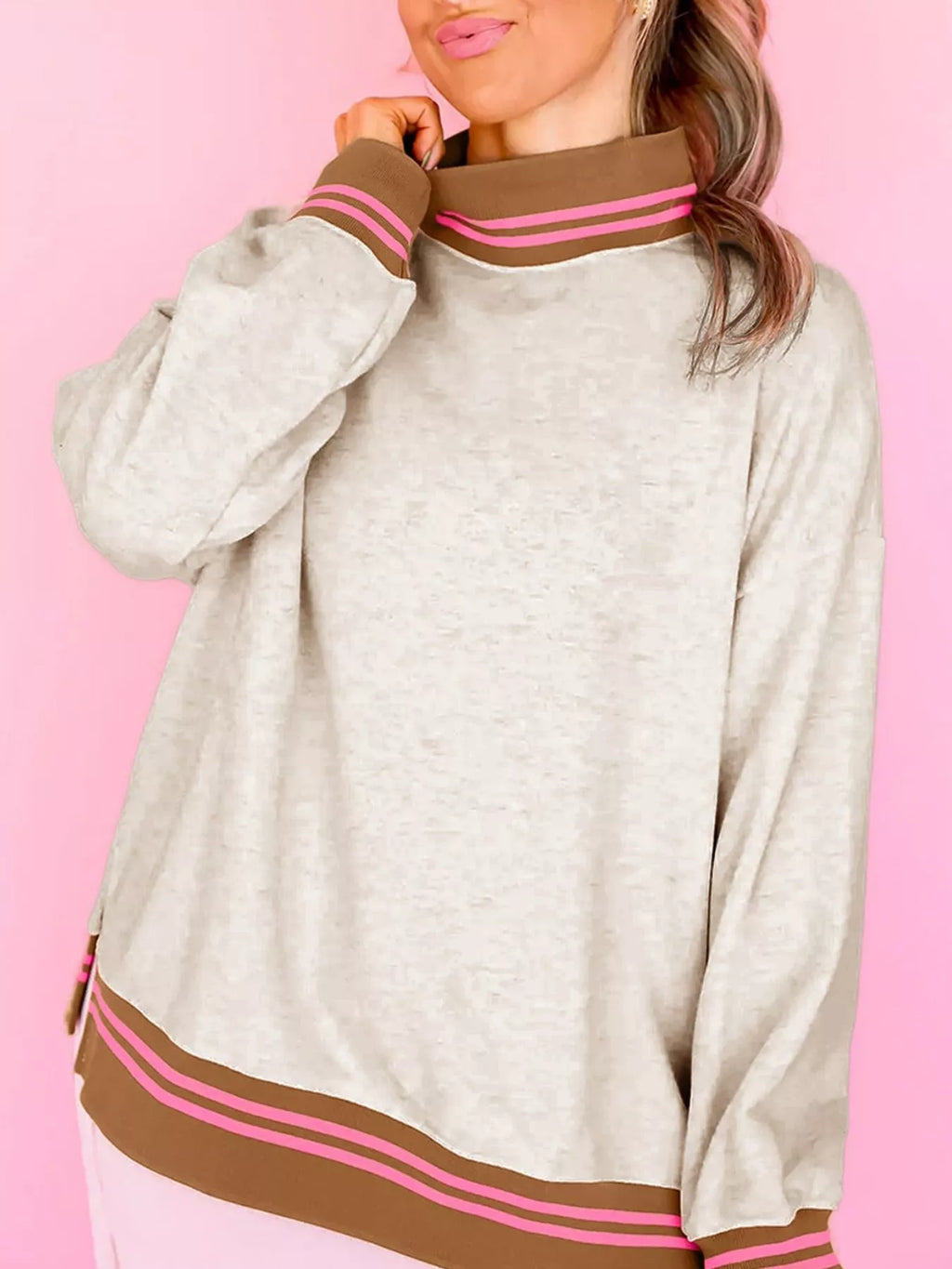 Ribbed Stand Neck Long Sleeve Loose Fit Sweatshirt