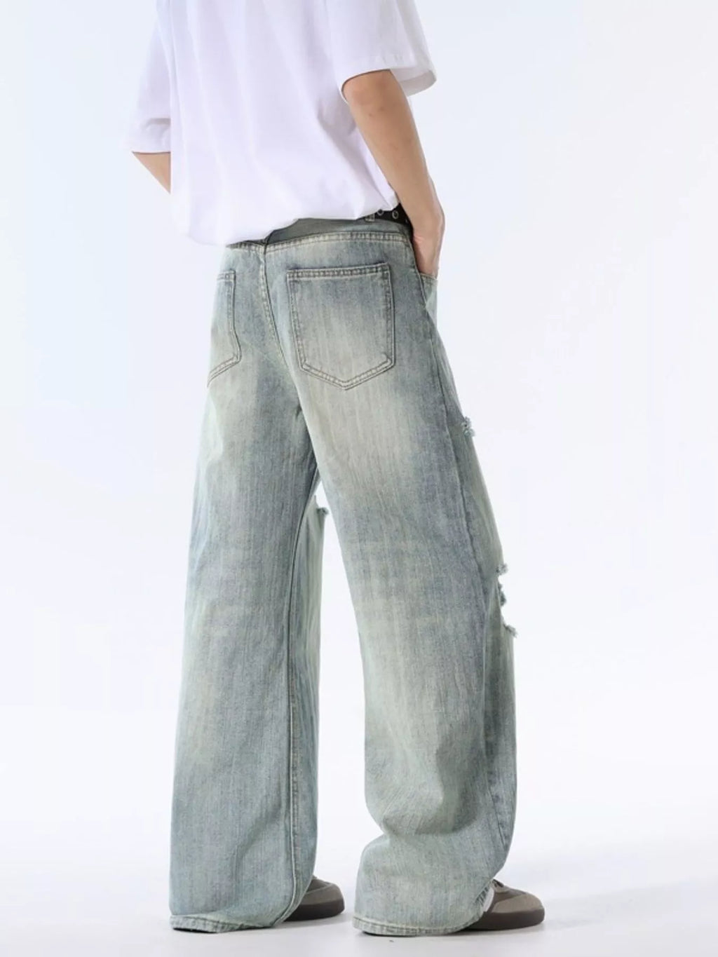 Men's Wash Distressed Wide Leg Jeans