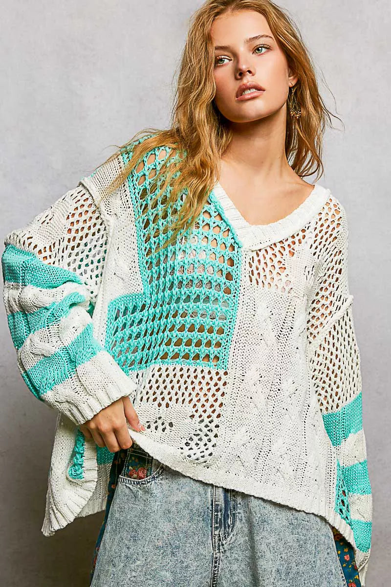 POL Color-Blocked Stripe Pattern Knit Top with Twisted Weave