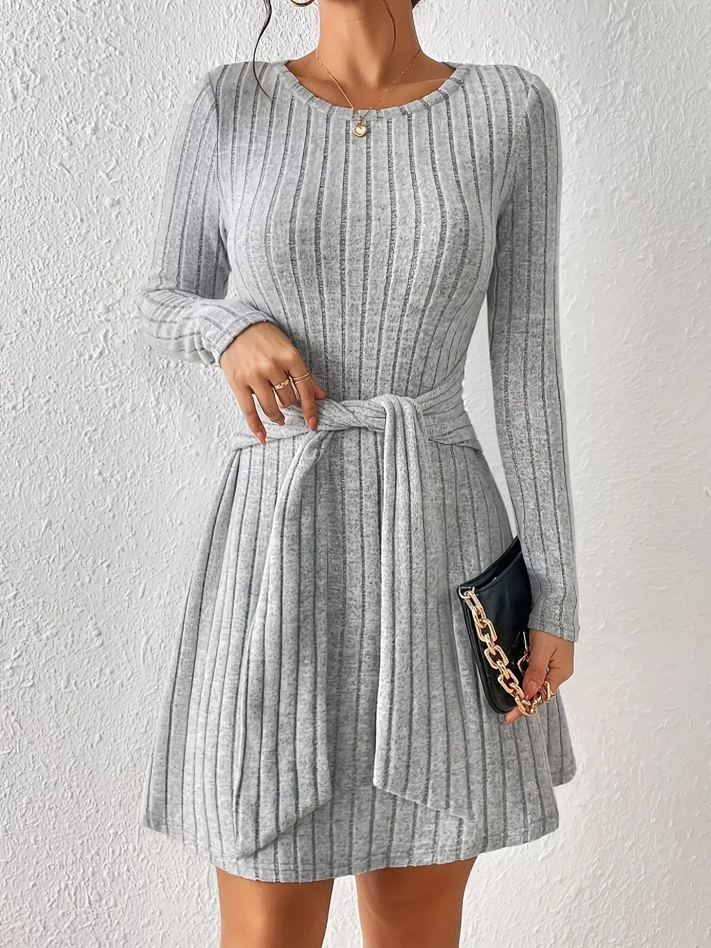 Ribbed Knit Tie Waist Long Sleeve Casual Dress