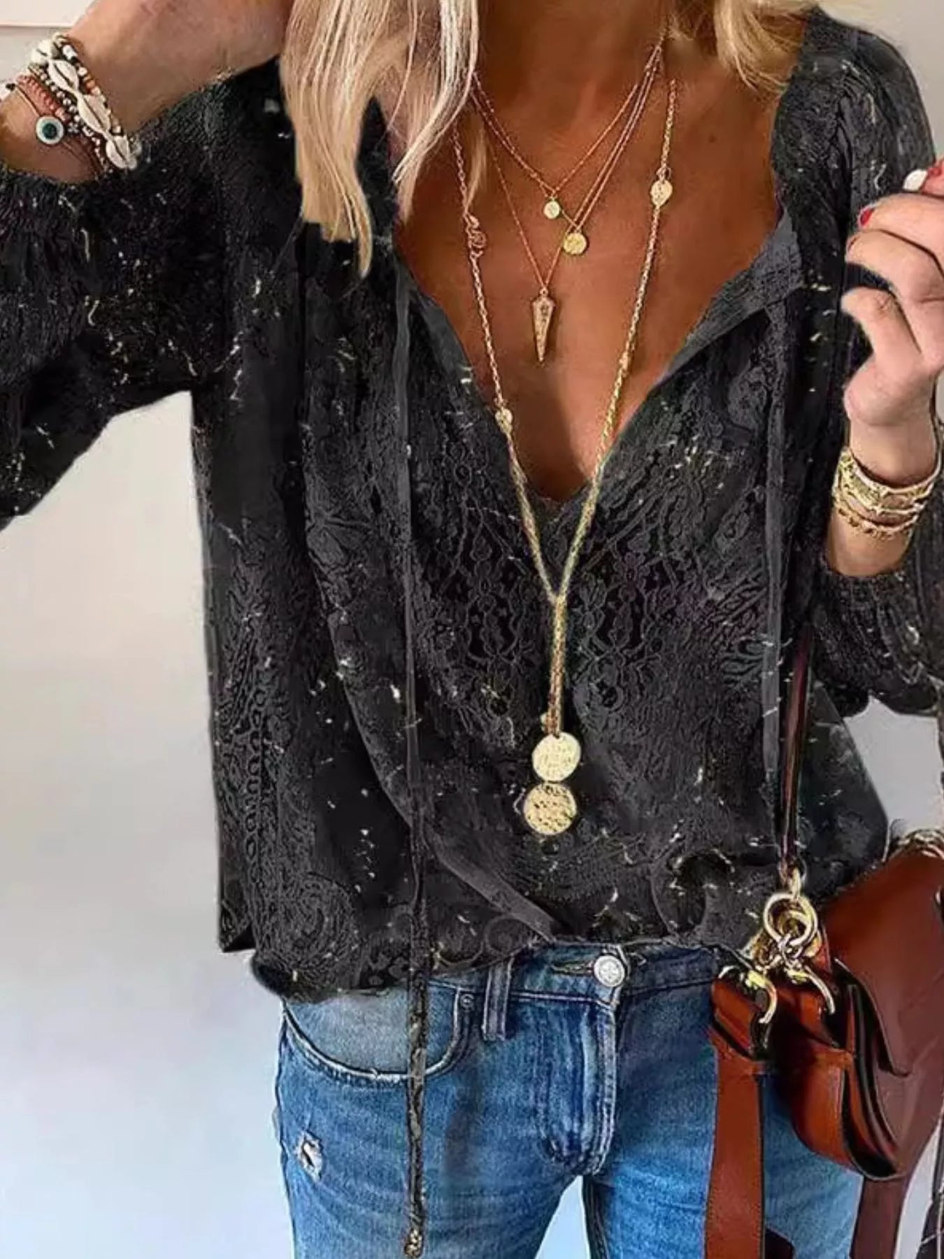 Lace Tie-Neck Blouse