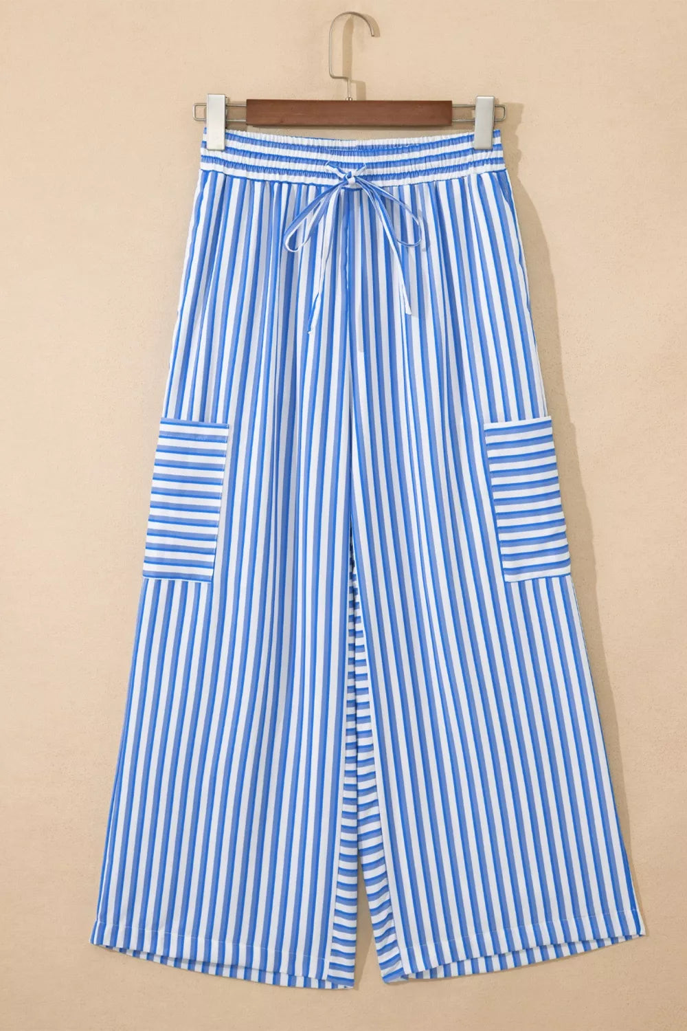 Stripe Drawstring Elastic Waist Patch Pocket Wide Leg Ankle-length Pants