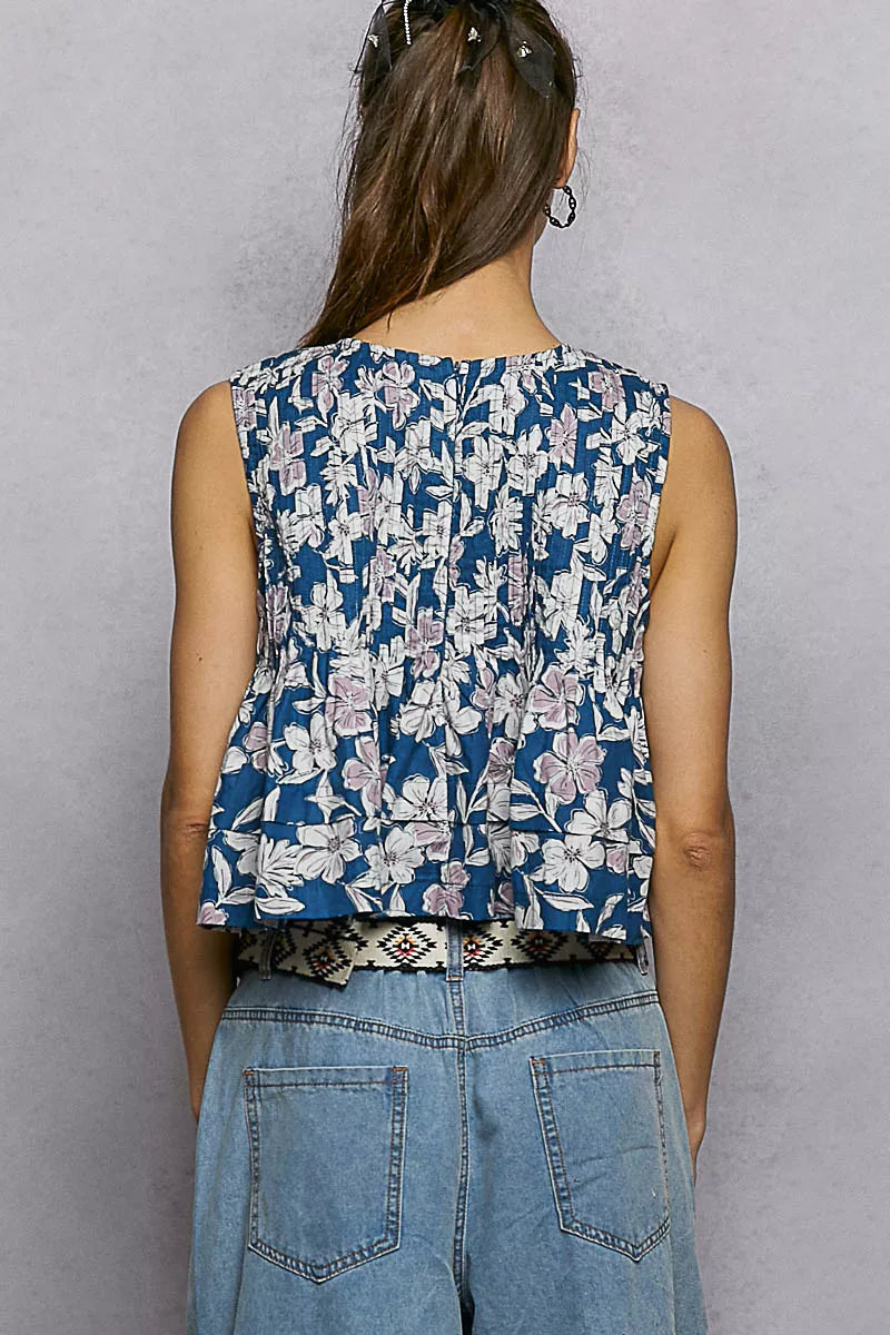 POL Floral Round Neck Cropped Pintuck Tank
