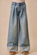 SO ME Mid Rise Plated Wid Leg Denim Jean