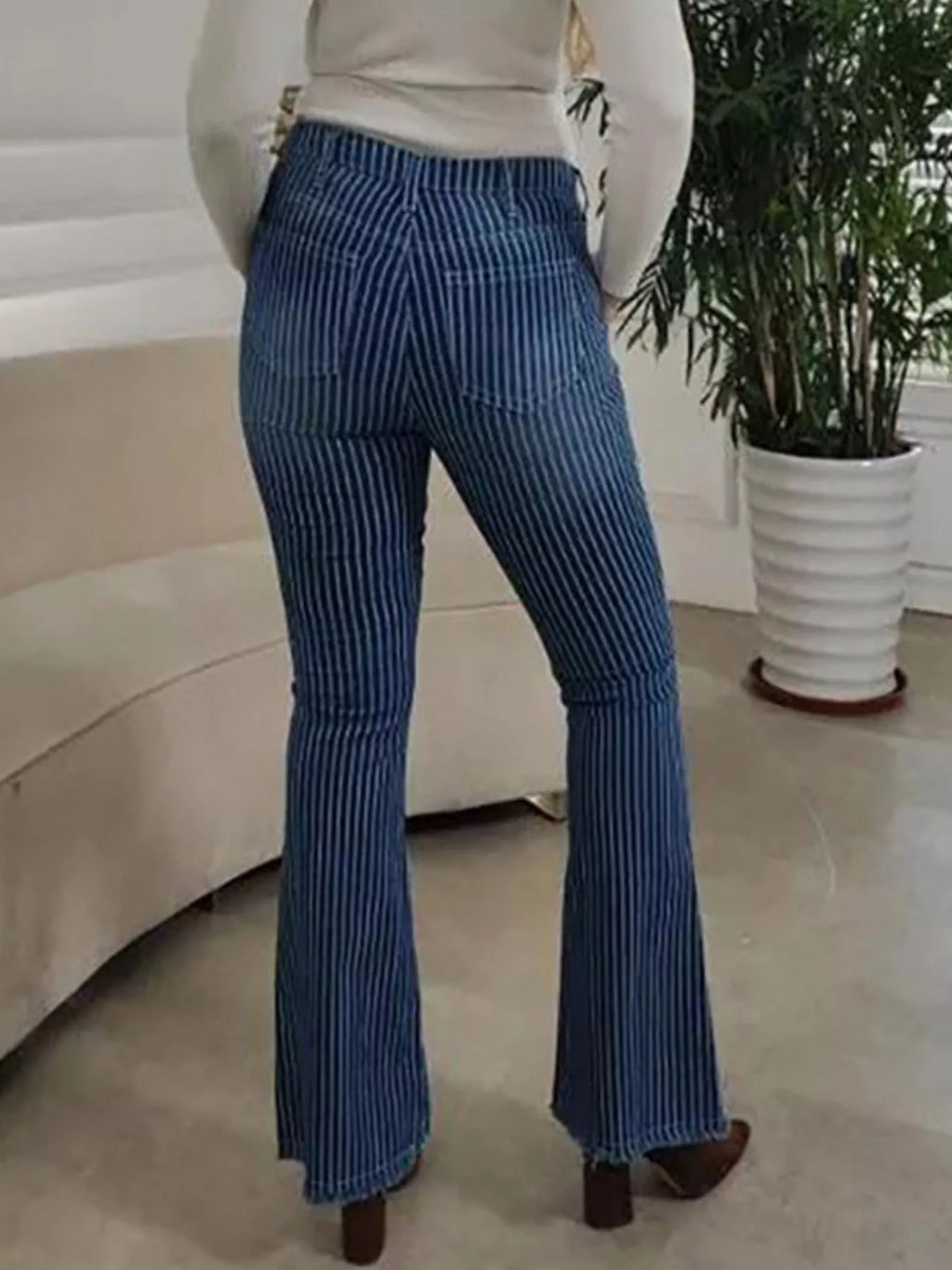 Striped Button Fly Flare Jeans
