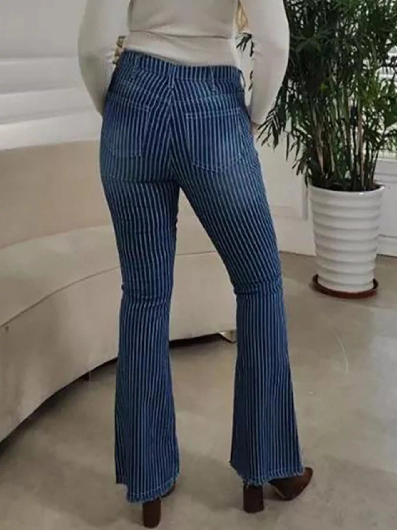 Striped Button Fly Flare Jeans