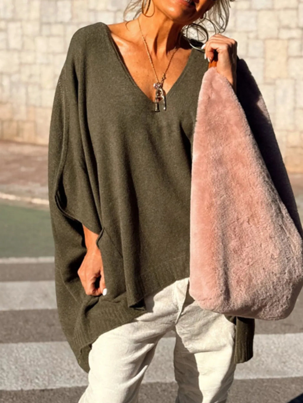 Ribbed Hem V-Neck Sweater