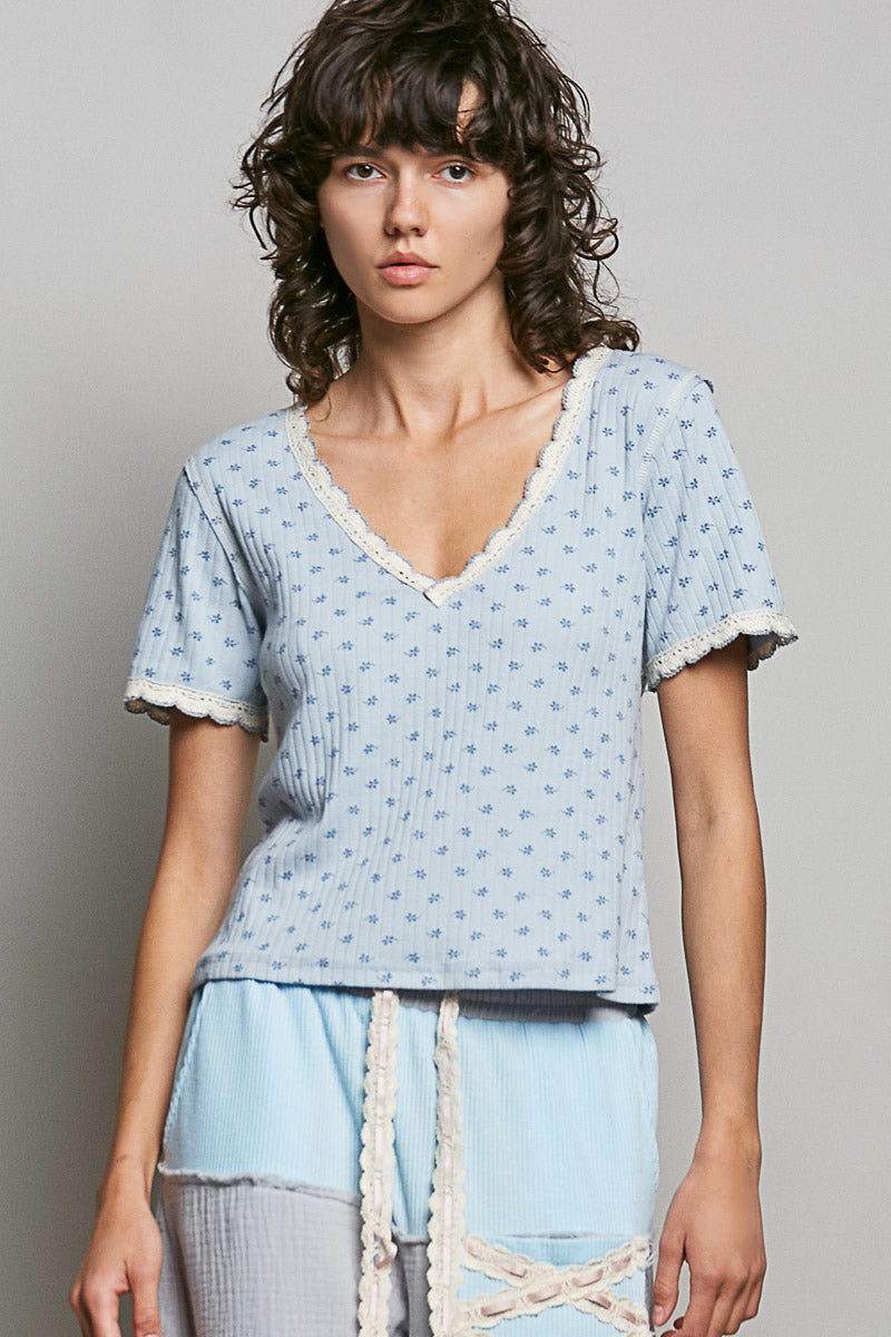 POL Floral V-Neck Short Sleeve Rib T-Shirt