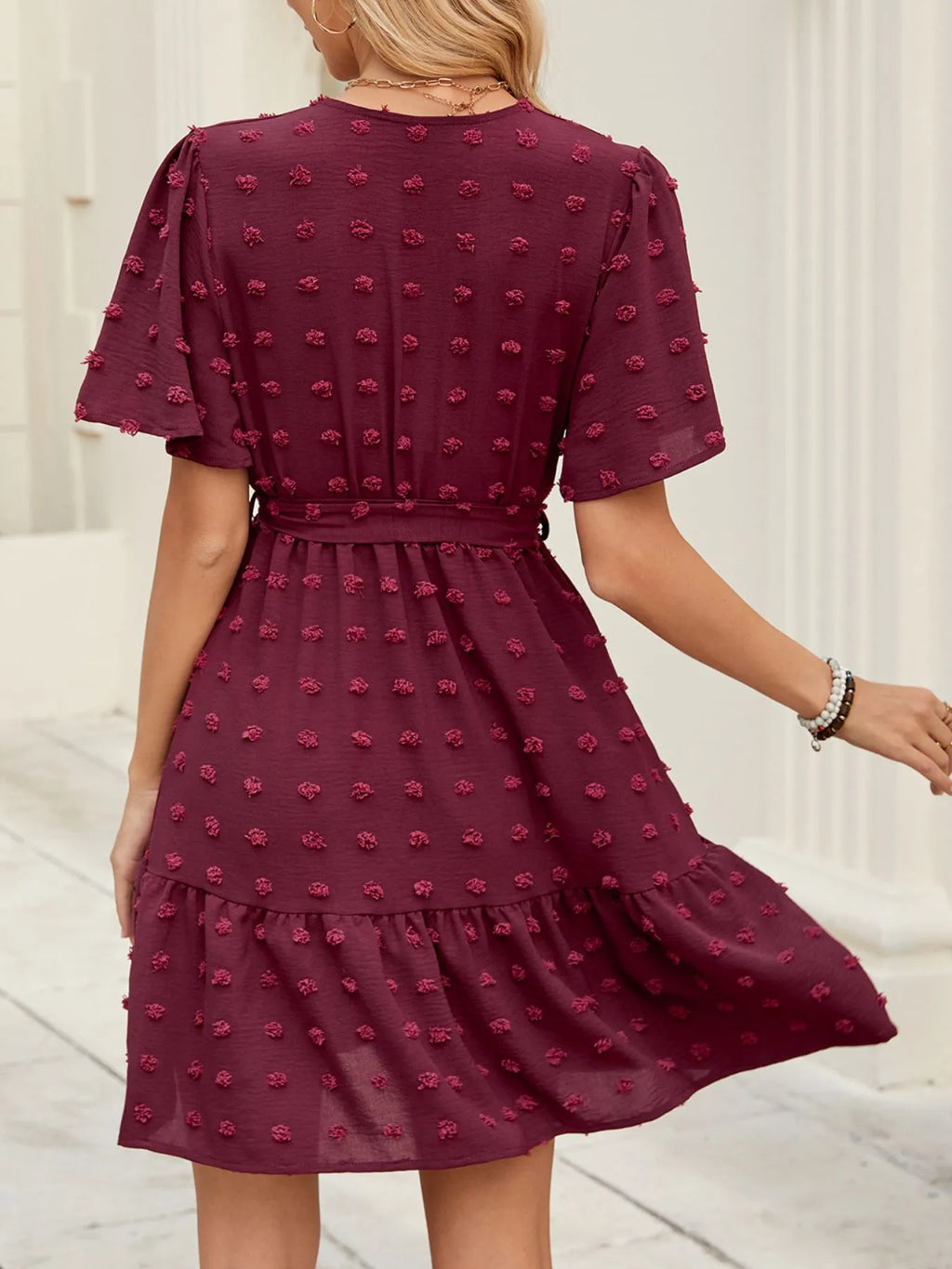 Swiss Dot Flutter Sleeve Wrap Dress