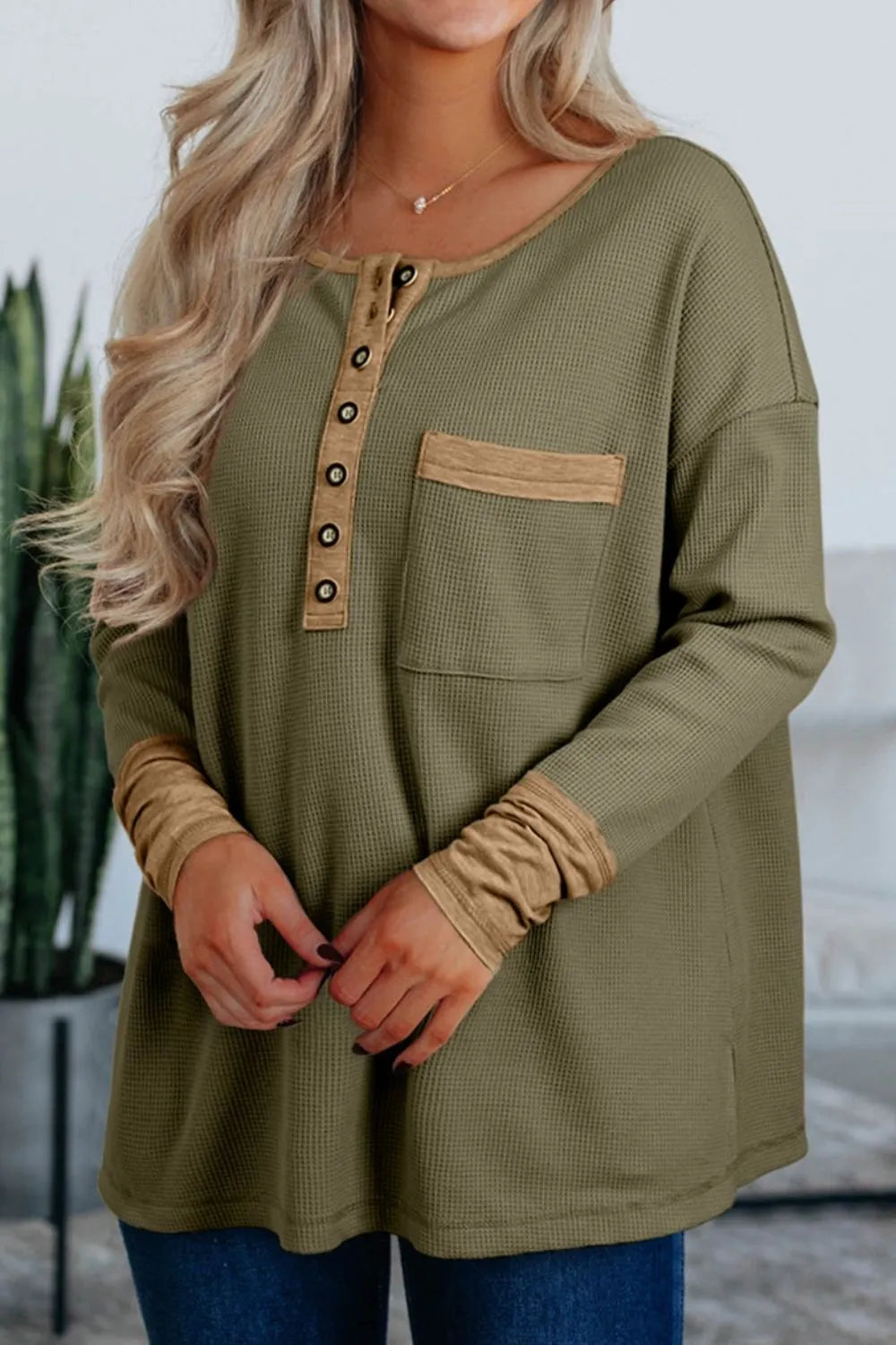 Button Front Contrast Trim Top