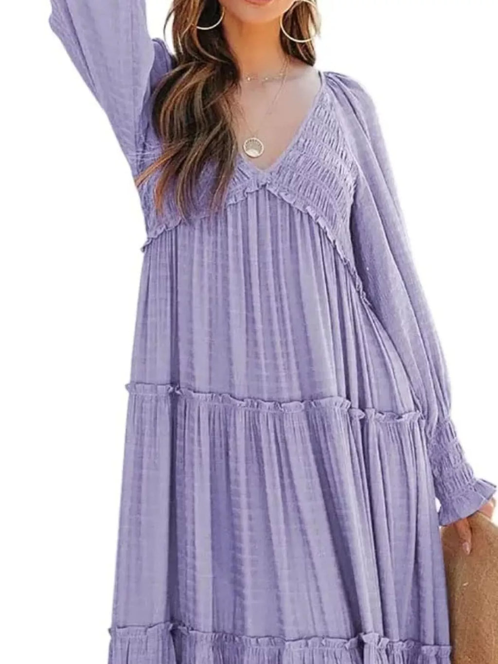 V-Neck Long Sleeve Tiered Maxi Dress