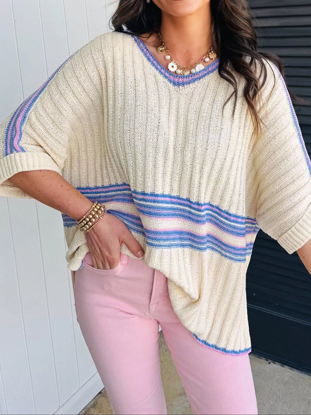 Striped V Neck Dolman Sleeve Rib Knit Oversized Sweater with Slits