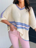 Striped V Neck Dolman Sleeve Rib Knit Oversized Sweater with Slits