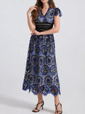 Printed V-Neck Ruffle Sleeve Midi Dress