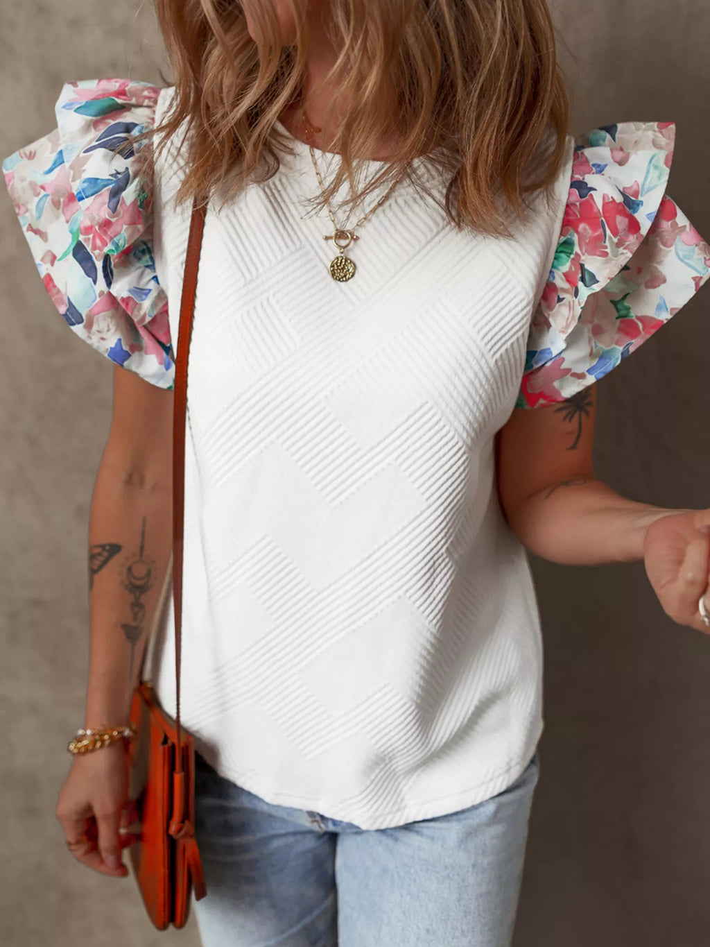 Abstract Print Tiered Ruffled Sleeve Textured Knit Top
