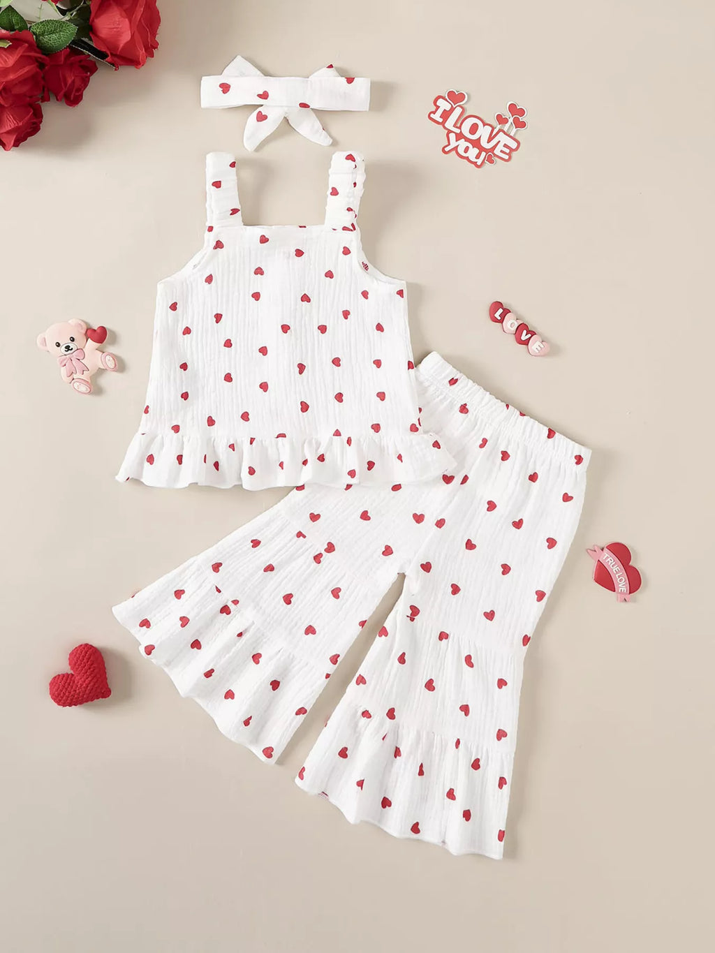 Children's Heart Print Top and Flare Pants with Headband