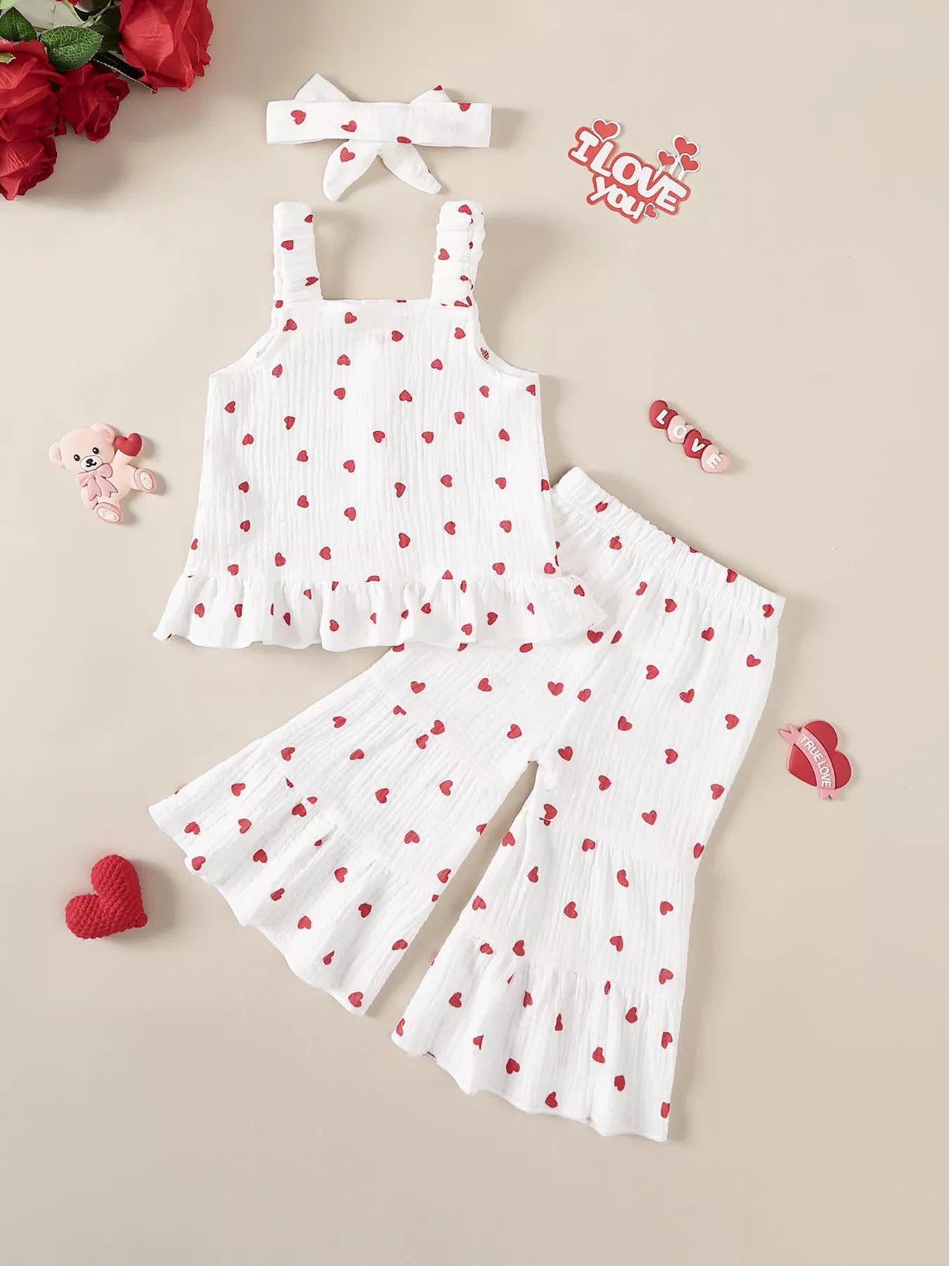 Children's Heart Print Top and Flare Pants with Headband