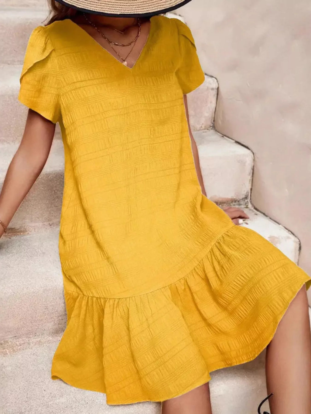 V-Neck Ruffle Hem Textured Mini Dress