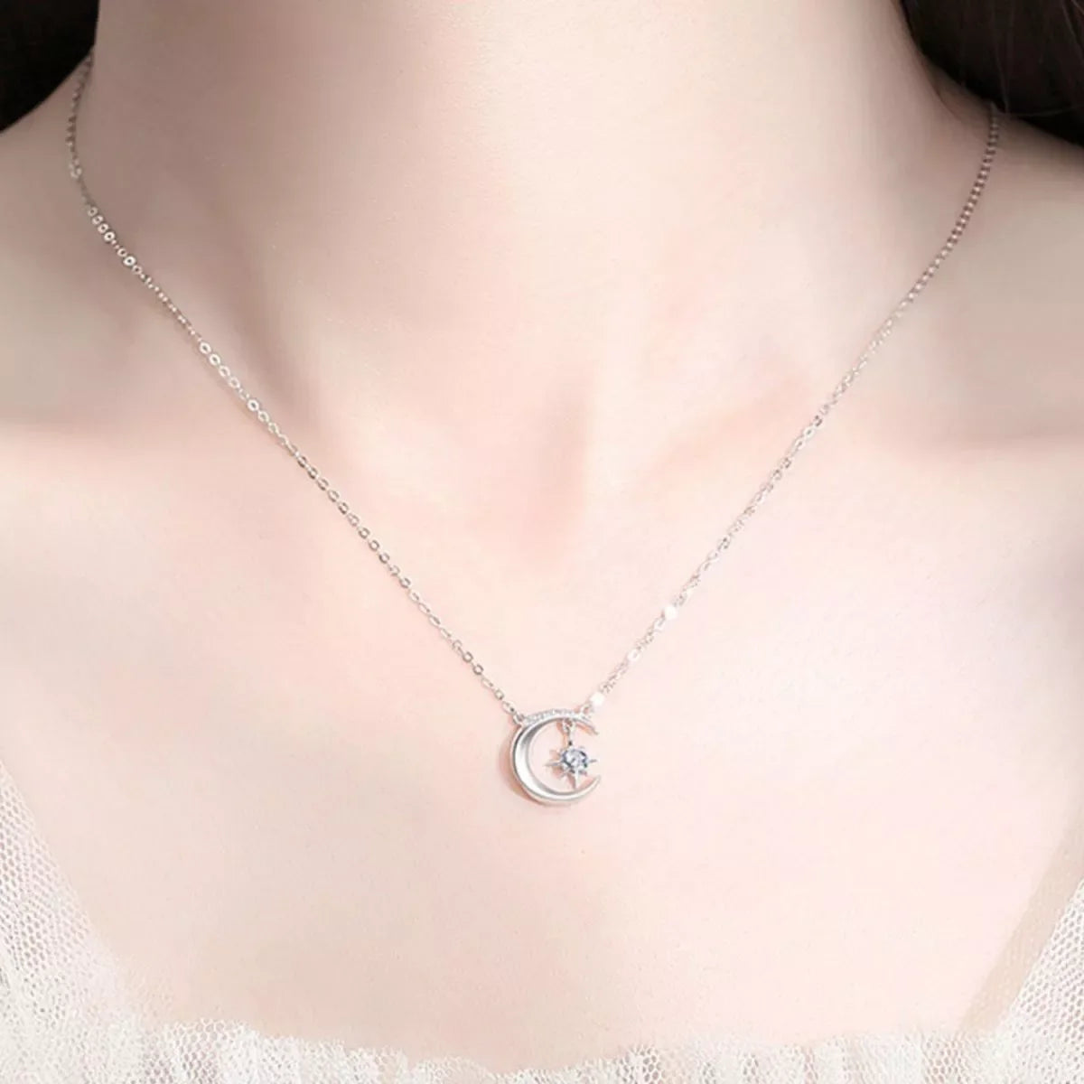 925 Sterling Silver Moissanite Star Moon Necklace