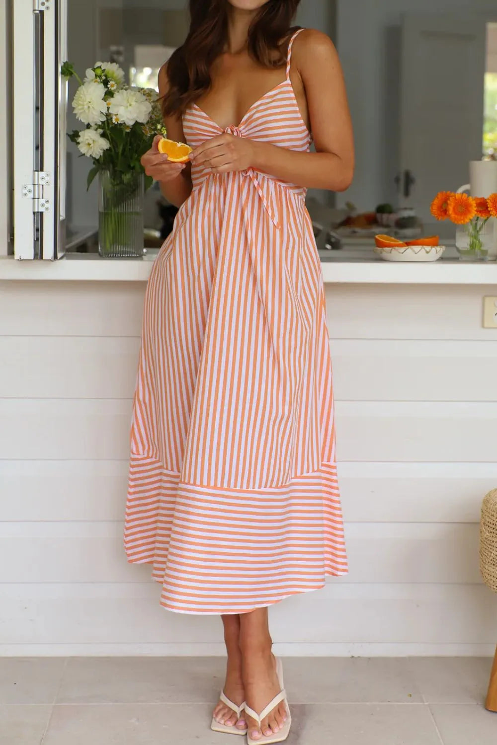 Smocked Back Striped Sleeveless Midi Dress