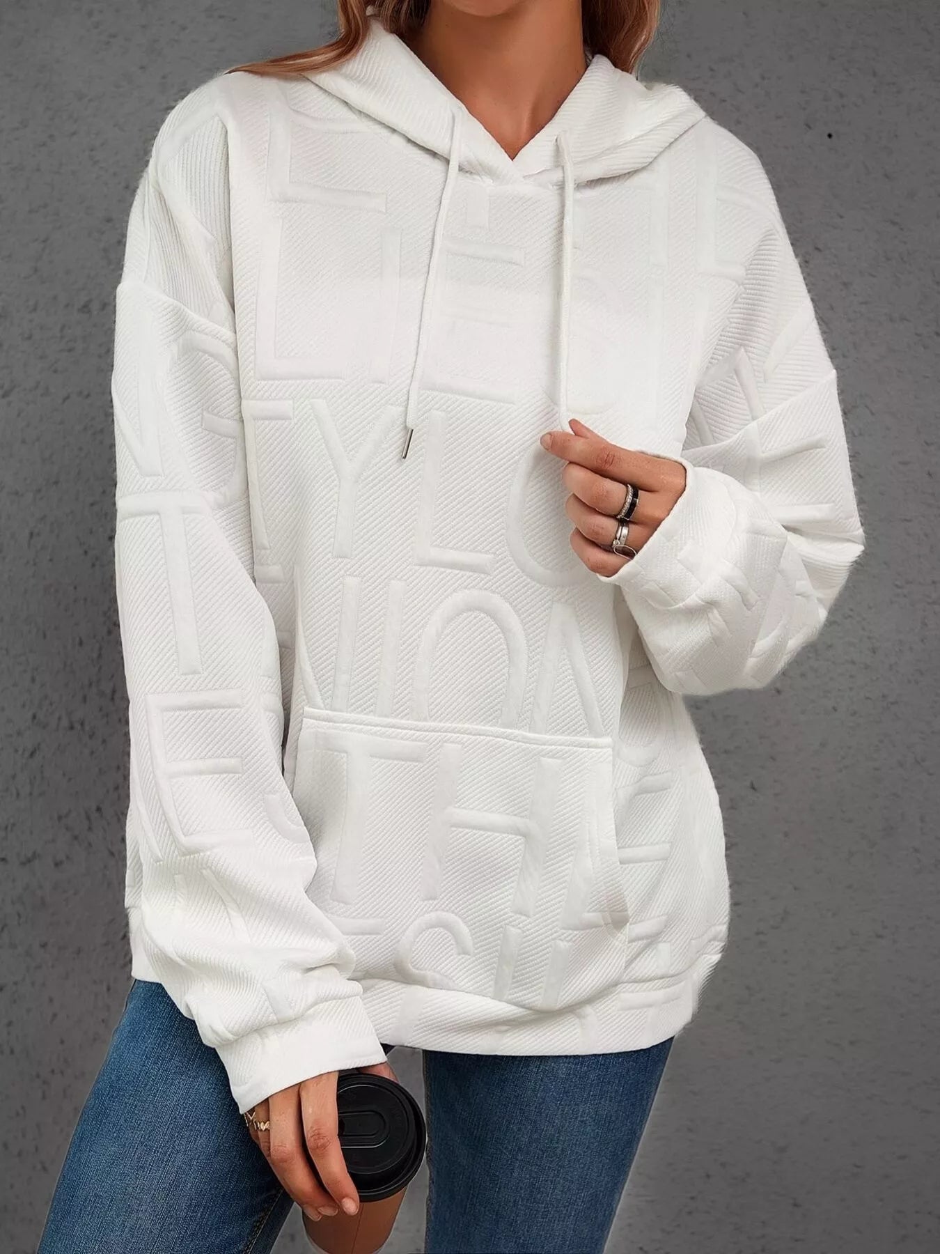 Full Size Textured Embossed Long Sleeve Hoodie Plus Size