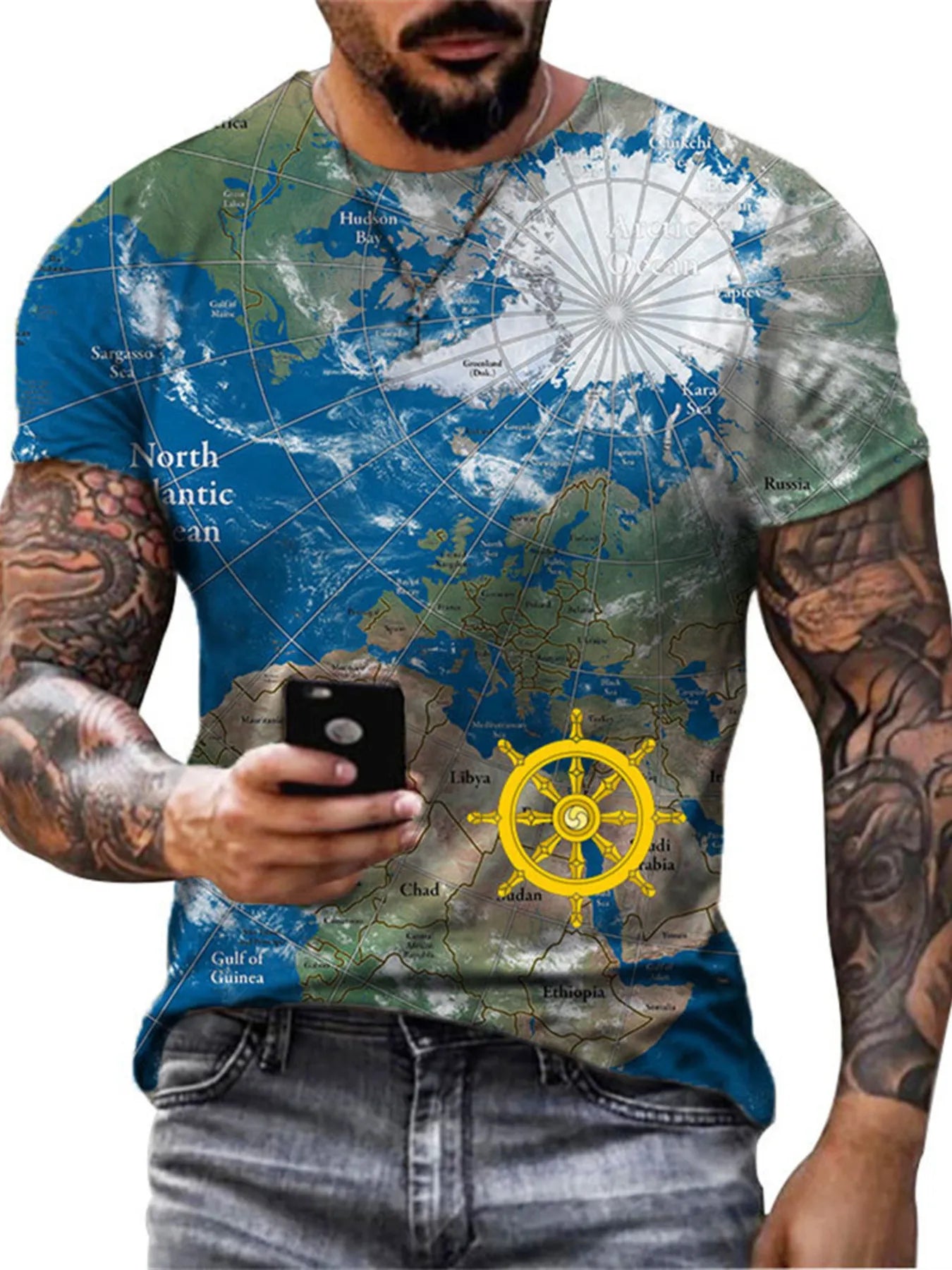 Men's Full Size Artistic Compass Graphic Round Neck T-Shirt Plus Size