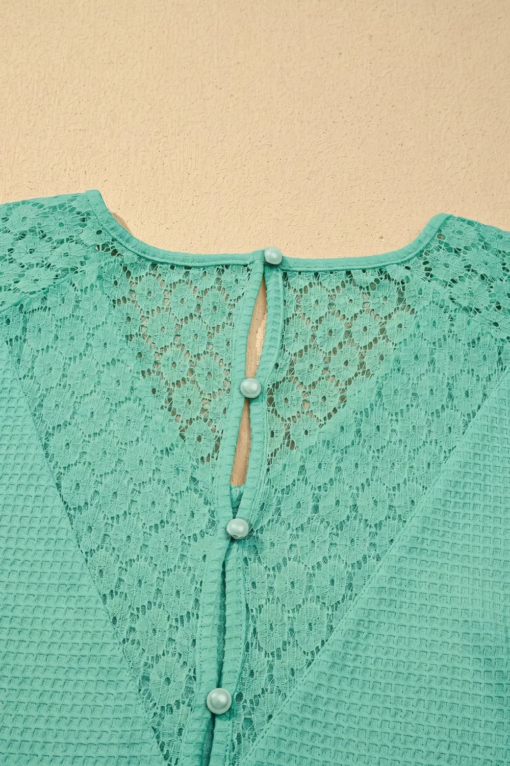 Lace Splicing Button Cutout V Neck Waffle Knit Blouse