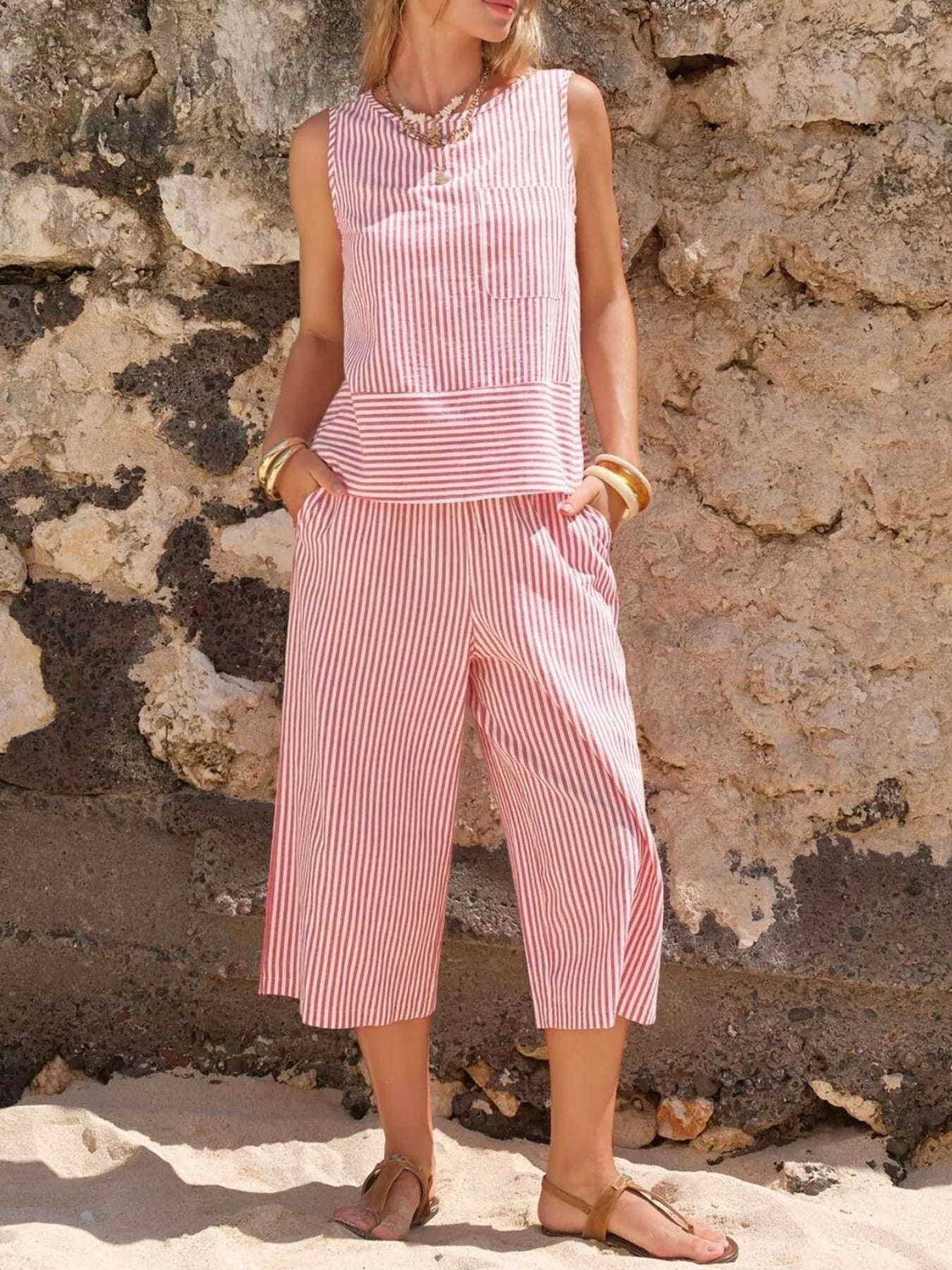 Striped Sleeveless Top and Cropped Pants Set