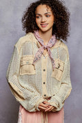 POL Texture Woven Button Down Hooded Shirt with Drawstring Hem