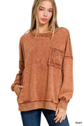 Zenana Acid Wash Raw Edge French Terry Sweatshirt with Front Pocket