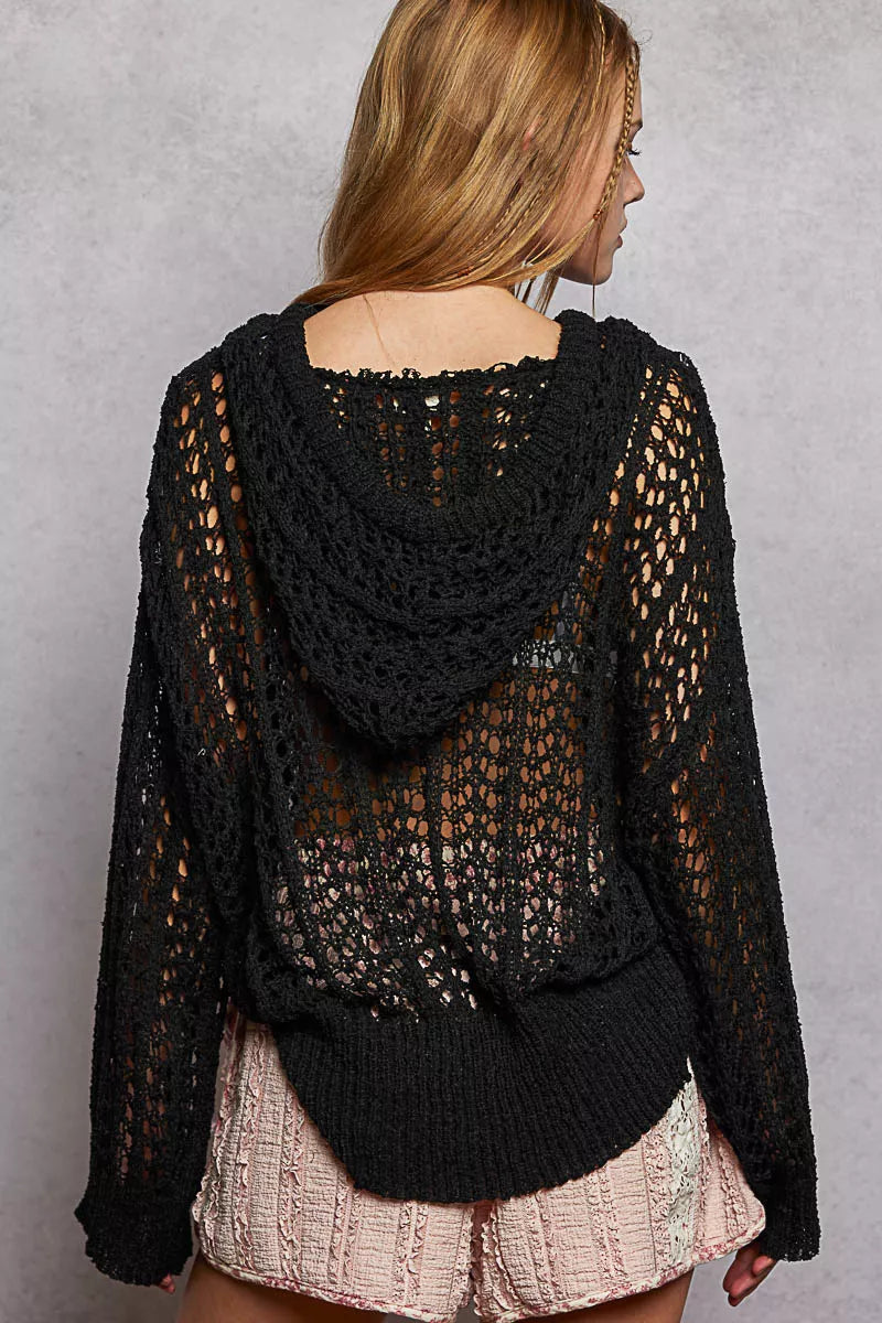 POL Openwork Round Neck High Low Knit Top