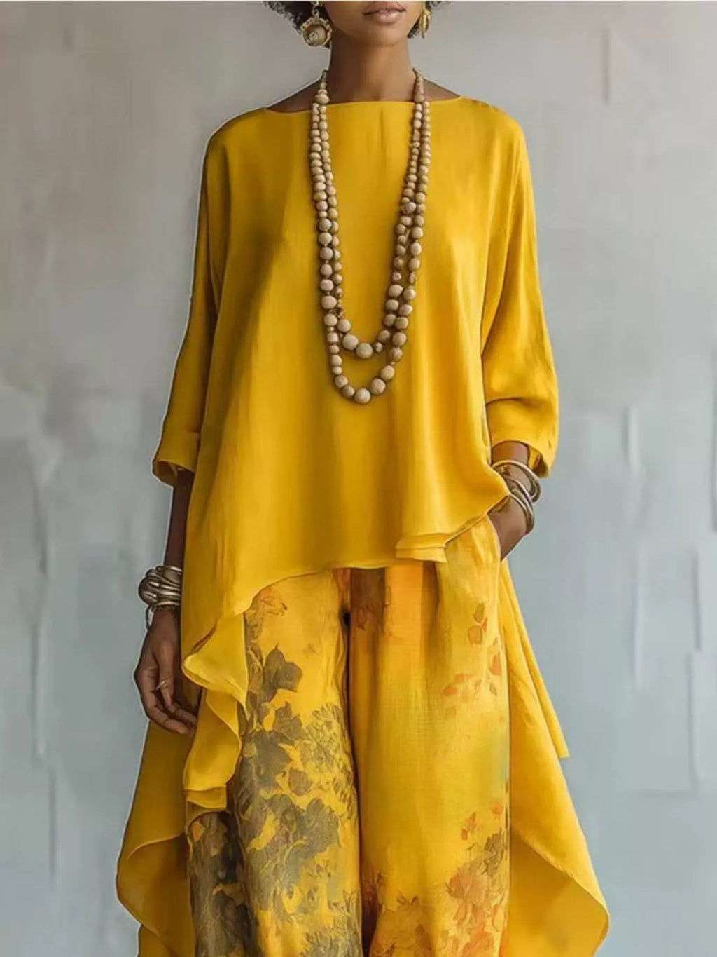 Asymmetrical Hem Top and Floral Pants Set