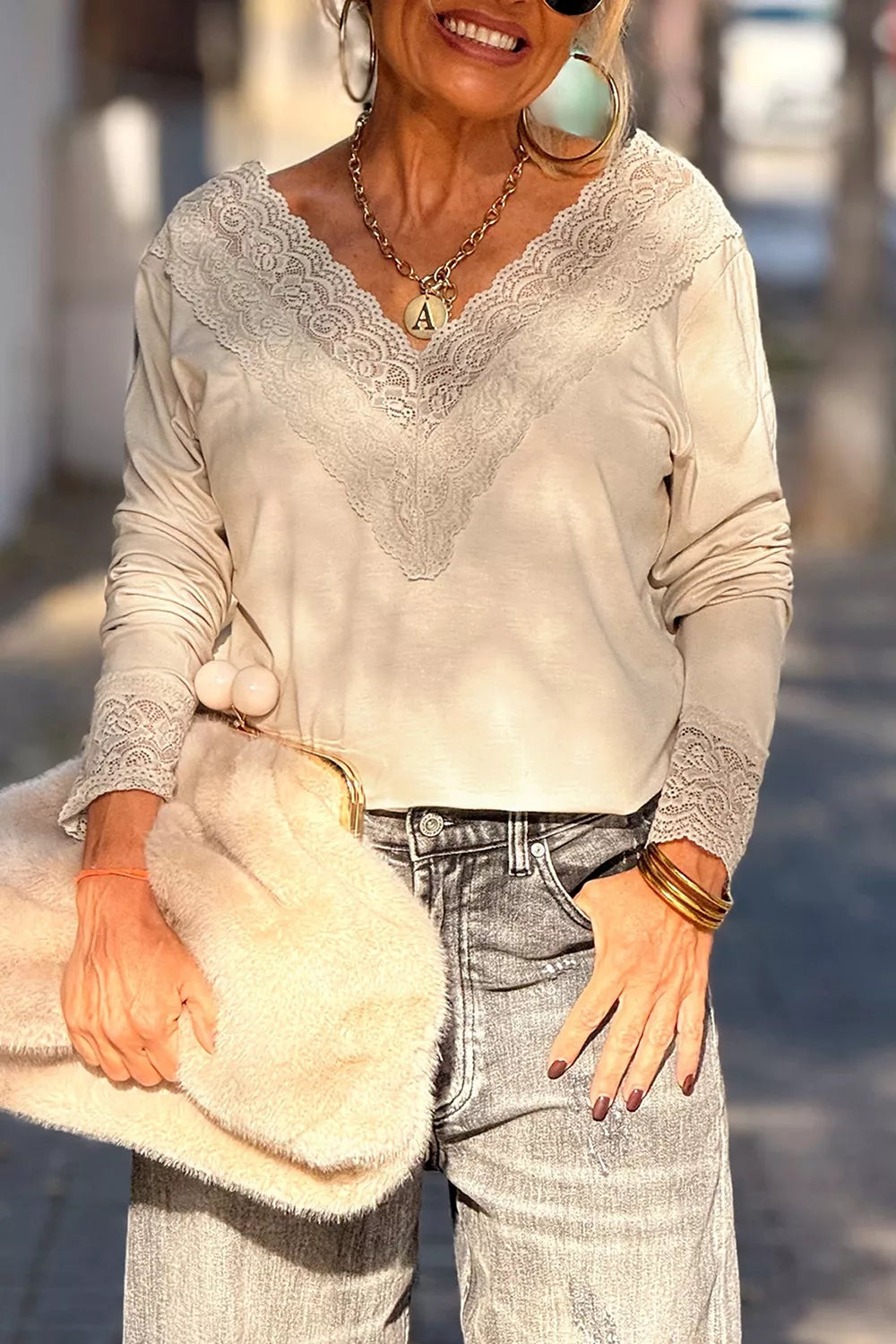Lace Trim V Neck Long Sleeve Patchwork Pullover Top