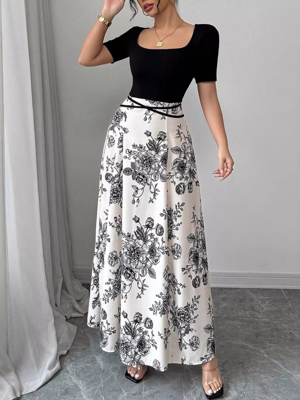 Floral Print Square Neck Maxi Dress