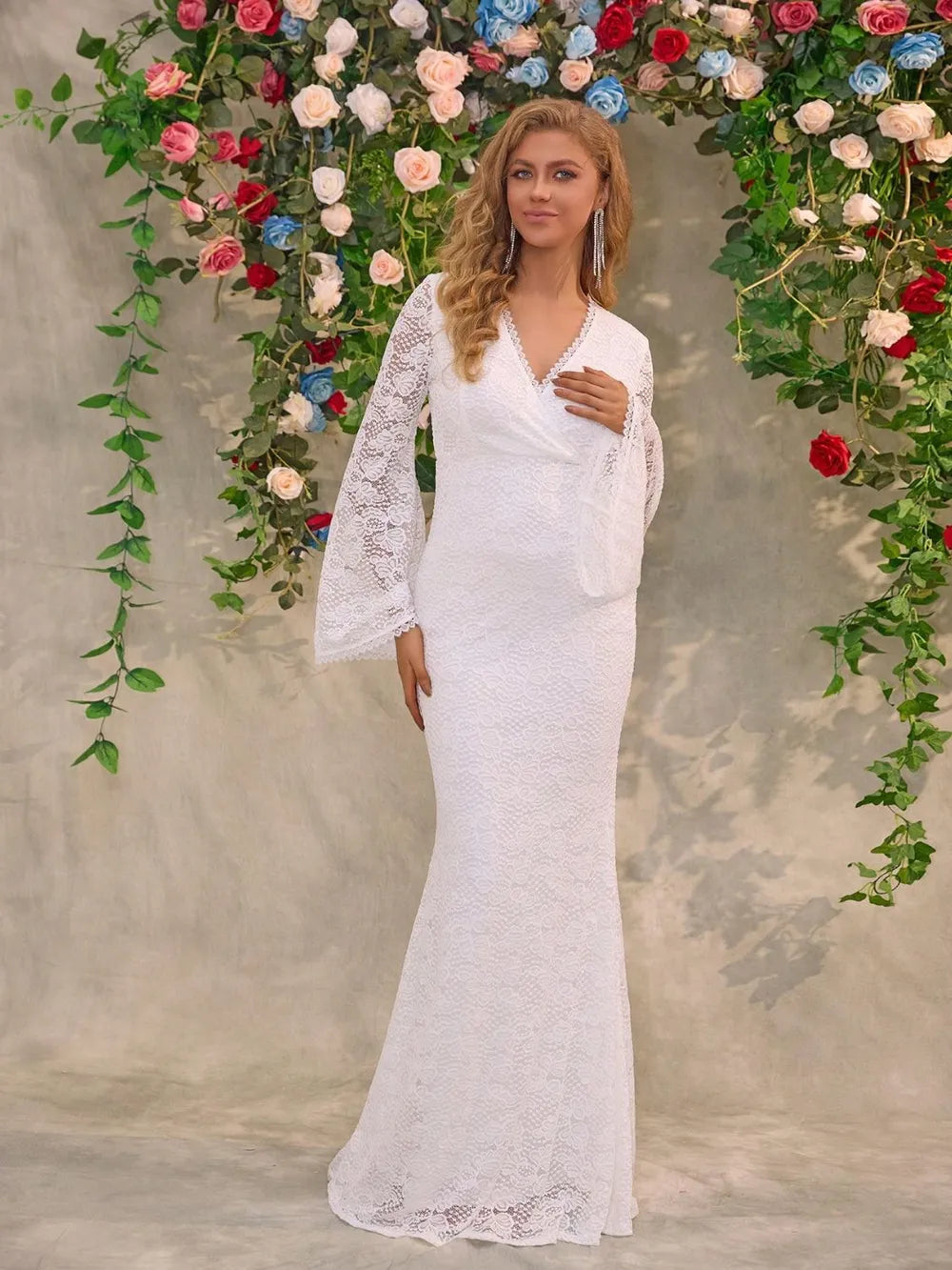 Lace Surplice Flare Sleeve Maxi Dress