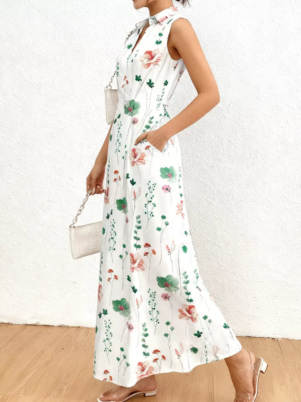 Floral Print Sleeveless Maxi Shirt Dress
