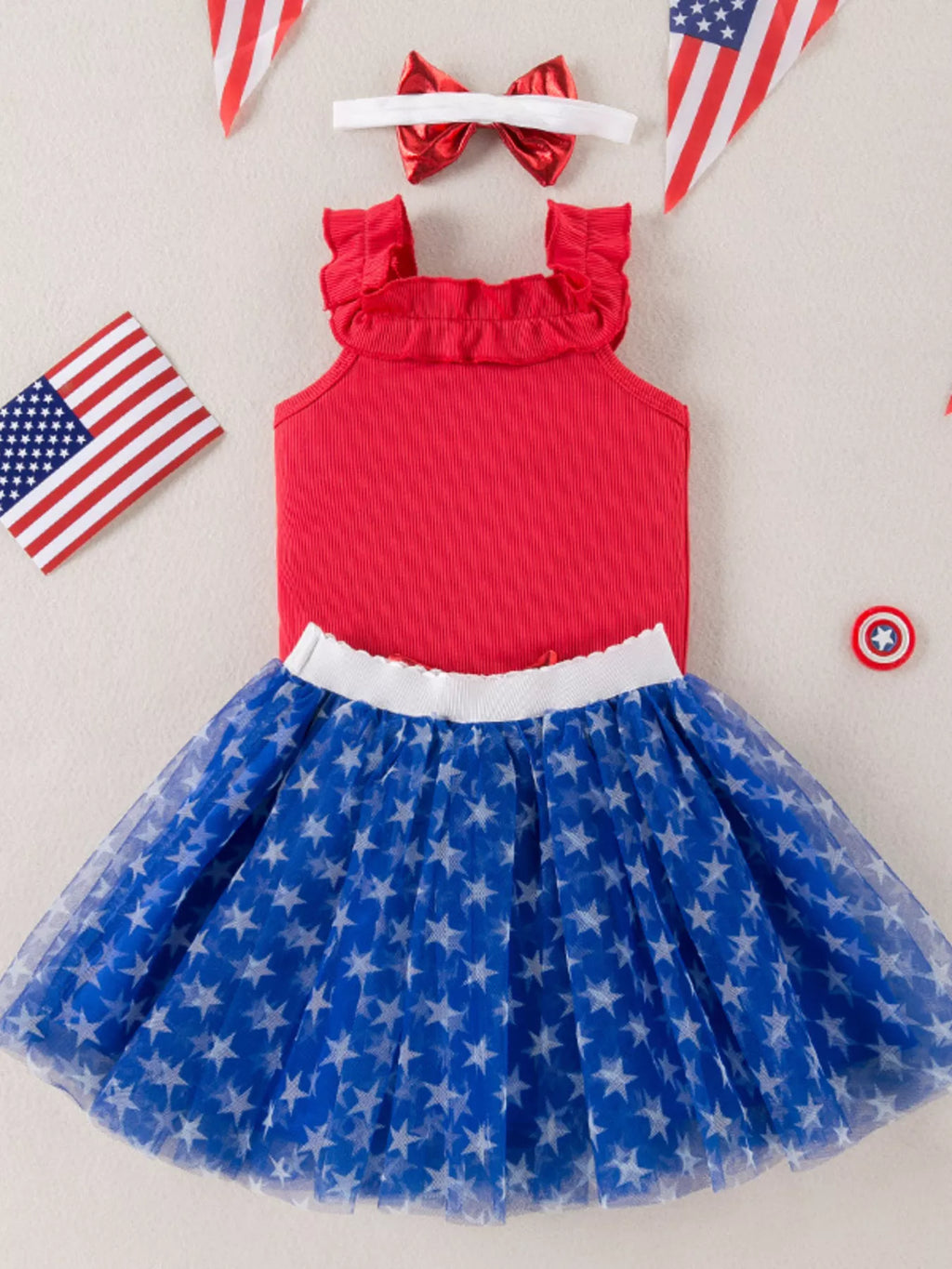 Children's Patriotic Star Print Tank and Tulle Skirt Set