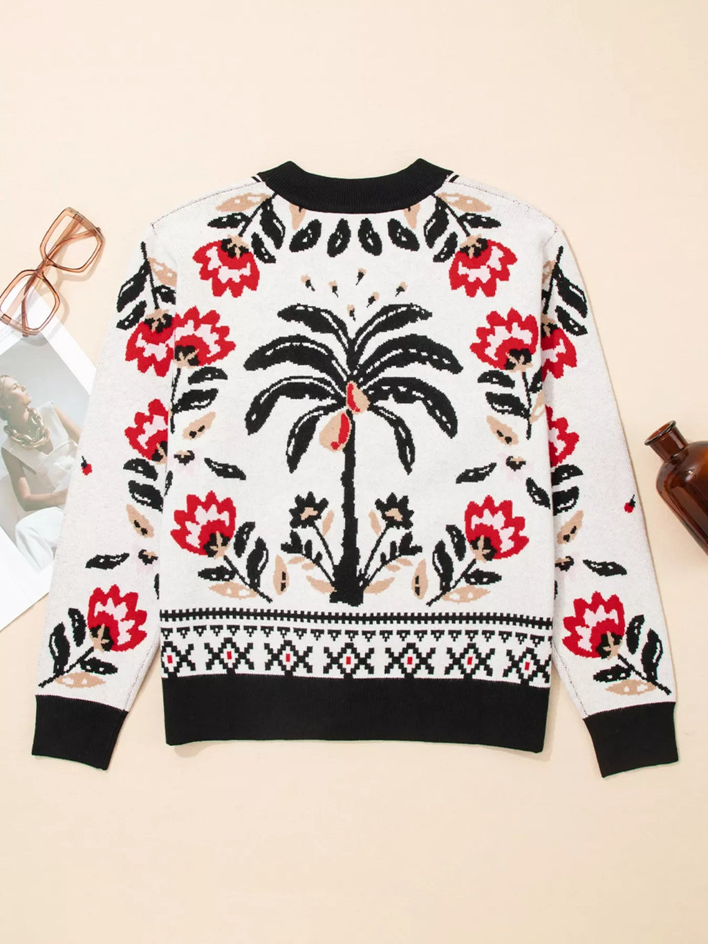 Floral Button Down Cardigan with Geometric Border