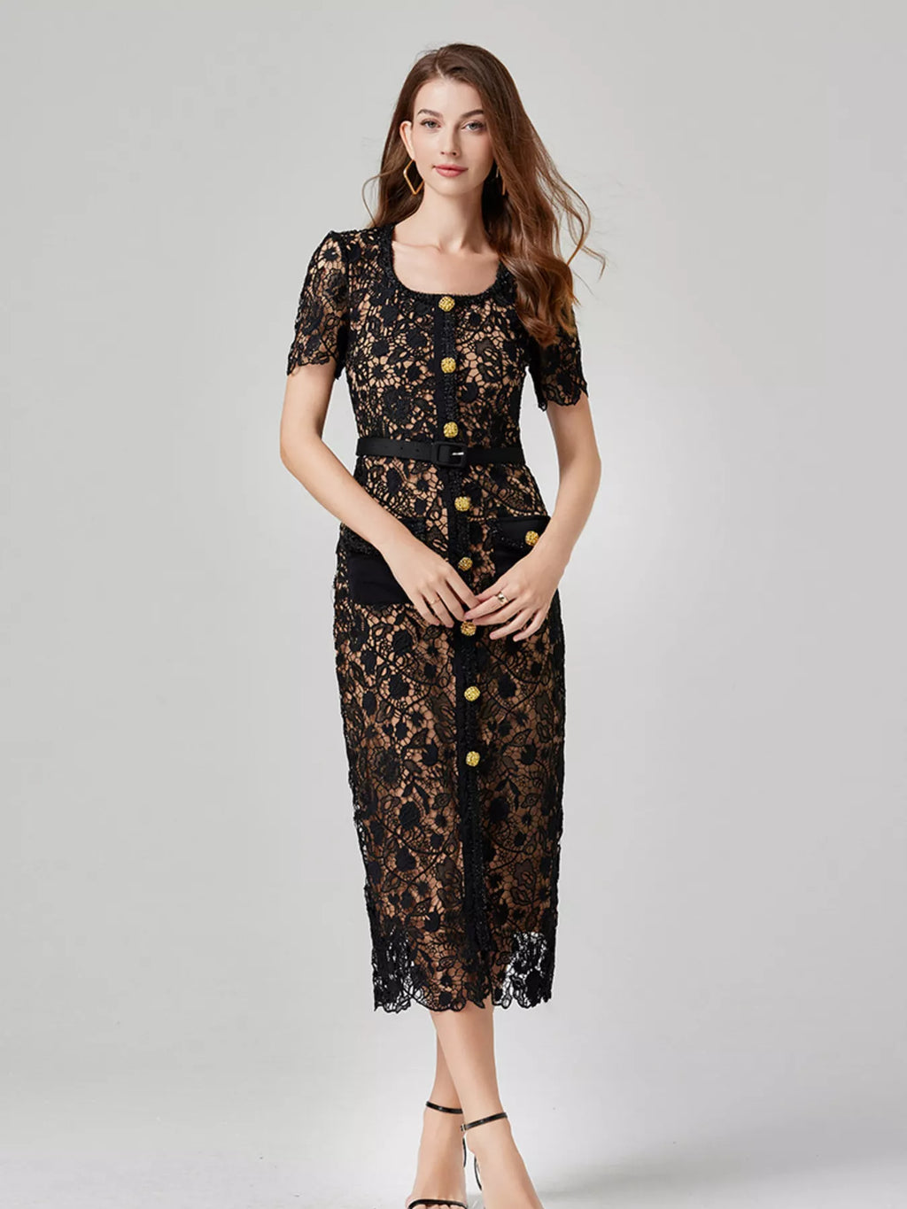 Lace Button-Up Midi Dress