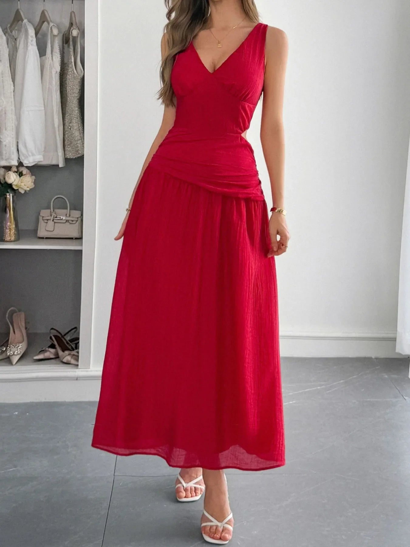 Cutout V-Neck Sleeveless Midi Dress