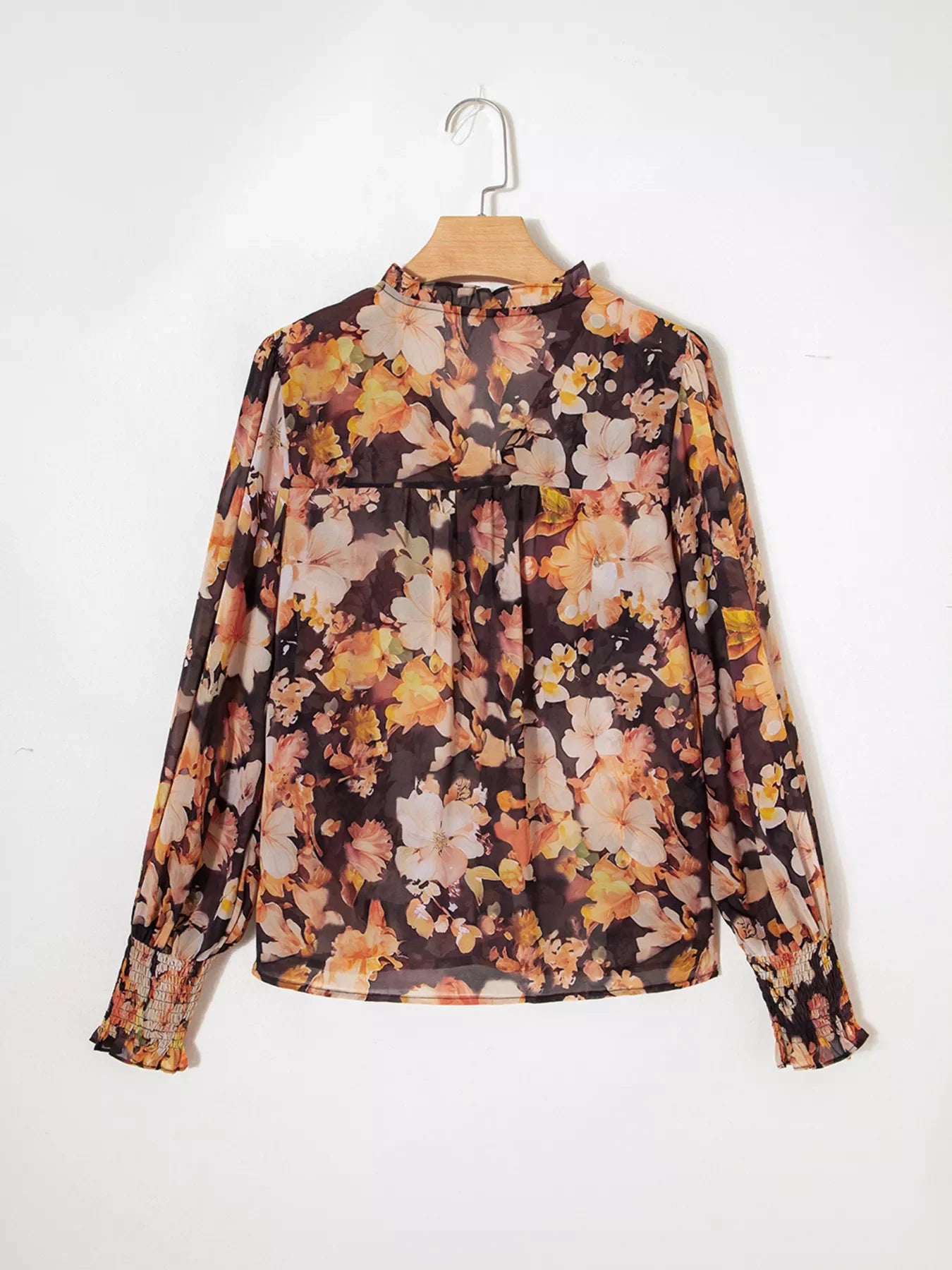 Floral V Neck Long Puff Sleeve Breezy Blouse