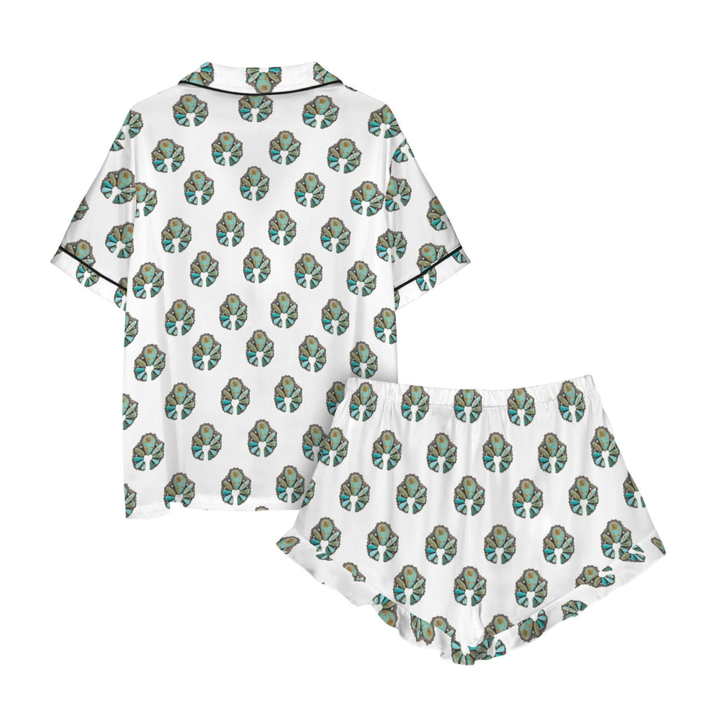 Baha Ranch Turquoise Naja White Satin Ruffle Pajama Set