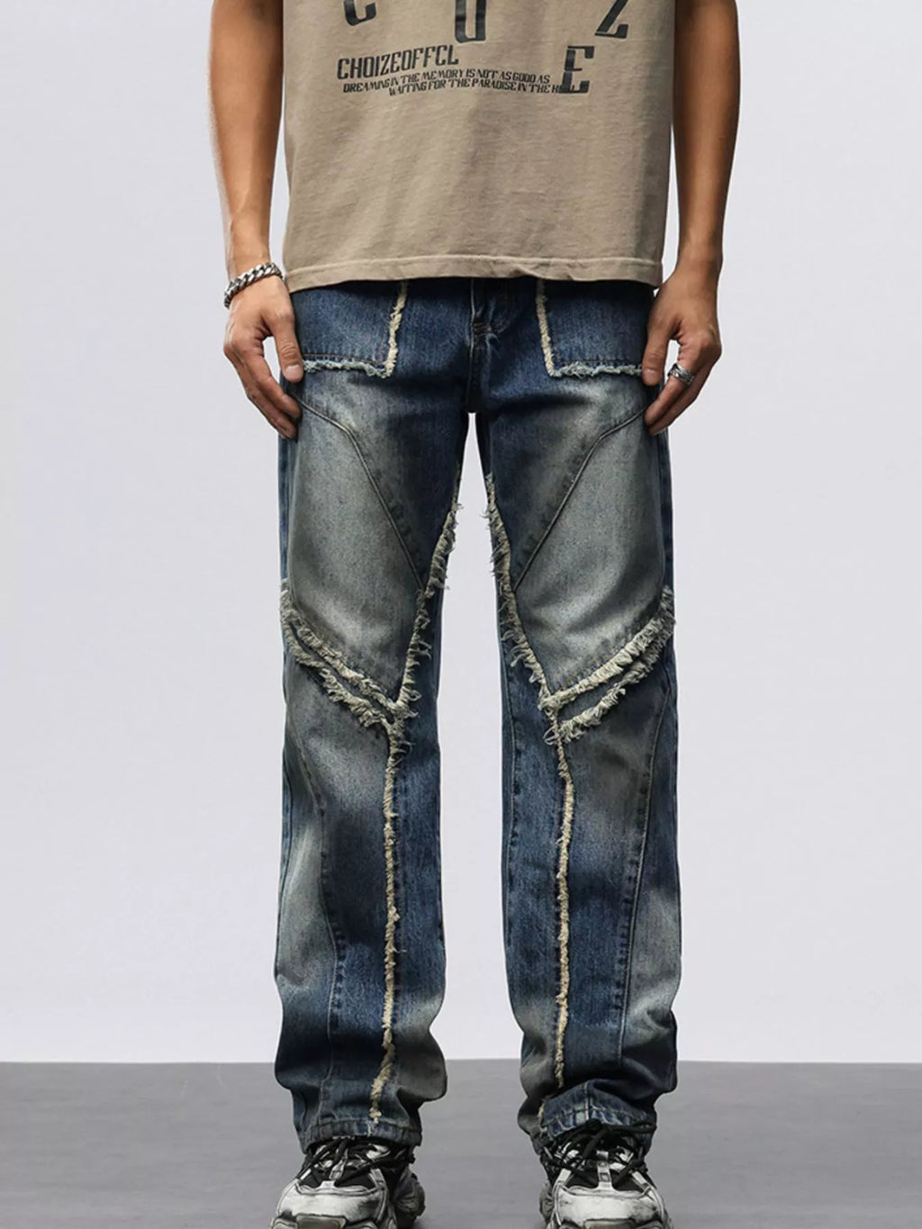 Men's Frayed Hem Wide Leg Jeans