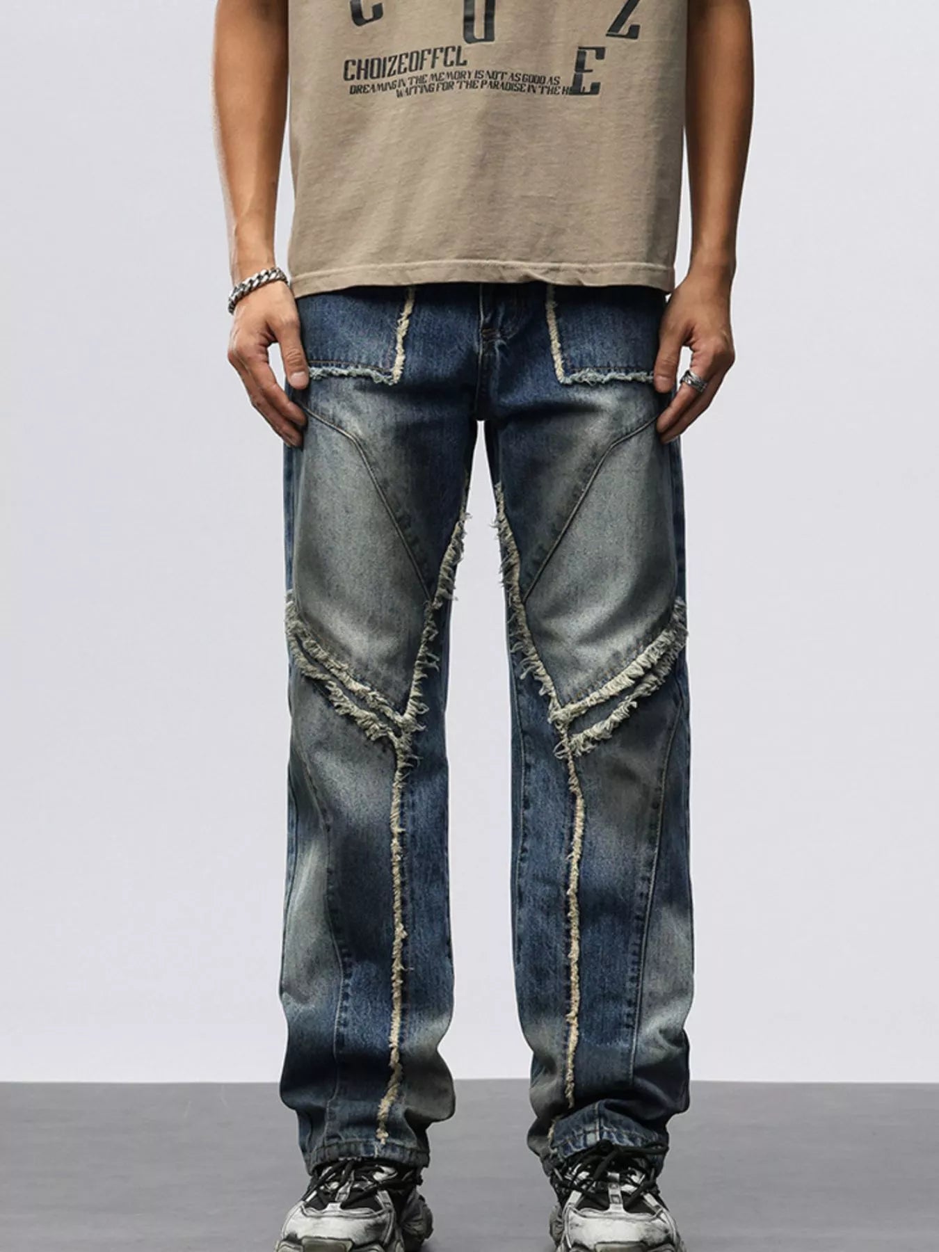 Men's Frayed Hem Wide Leg Jeans