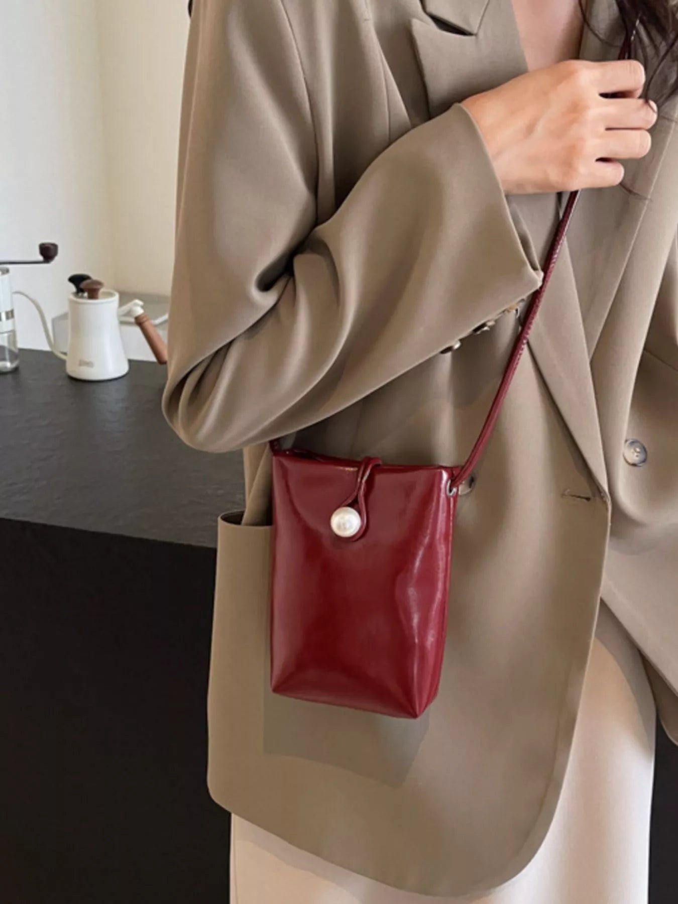 Pearl Decor Faux Leather Crossbody Bag