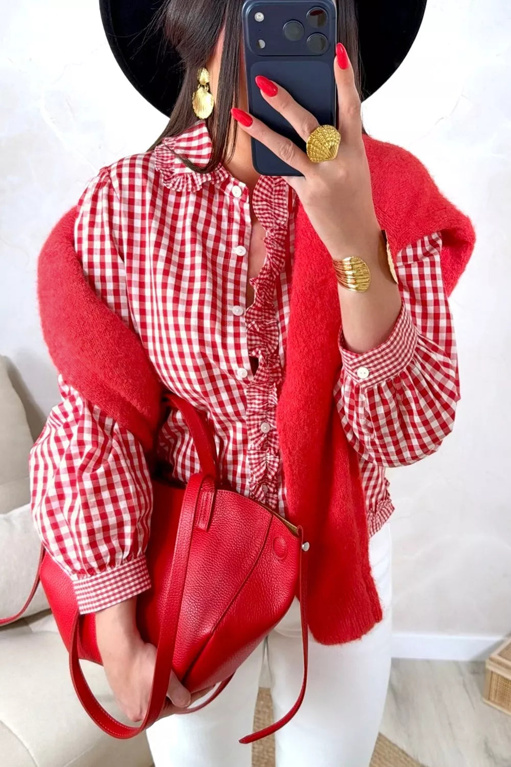 Plaid Long Sleeve Button Down Frill Detail Casual Shirt