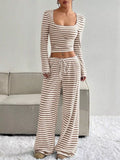 Striped Long Sleeve Crop Top and Wide Leg Pants Set