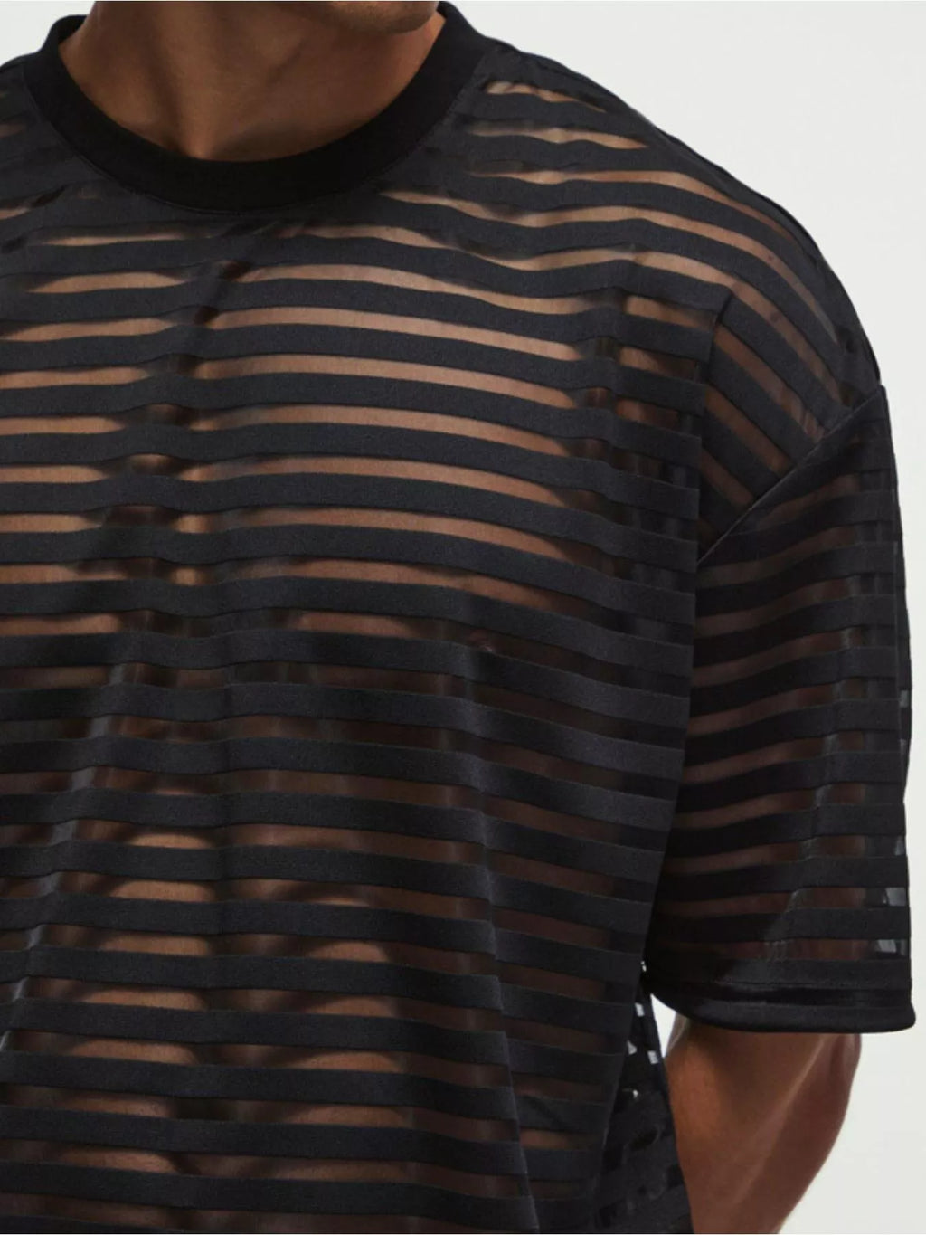 Men's Full Size Sheer Striped Round Neck T-Shirt Plus Size